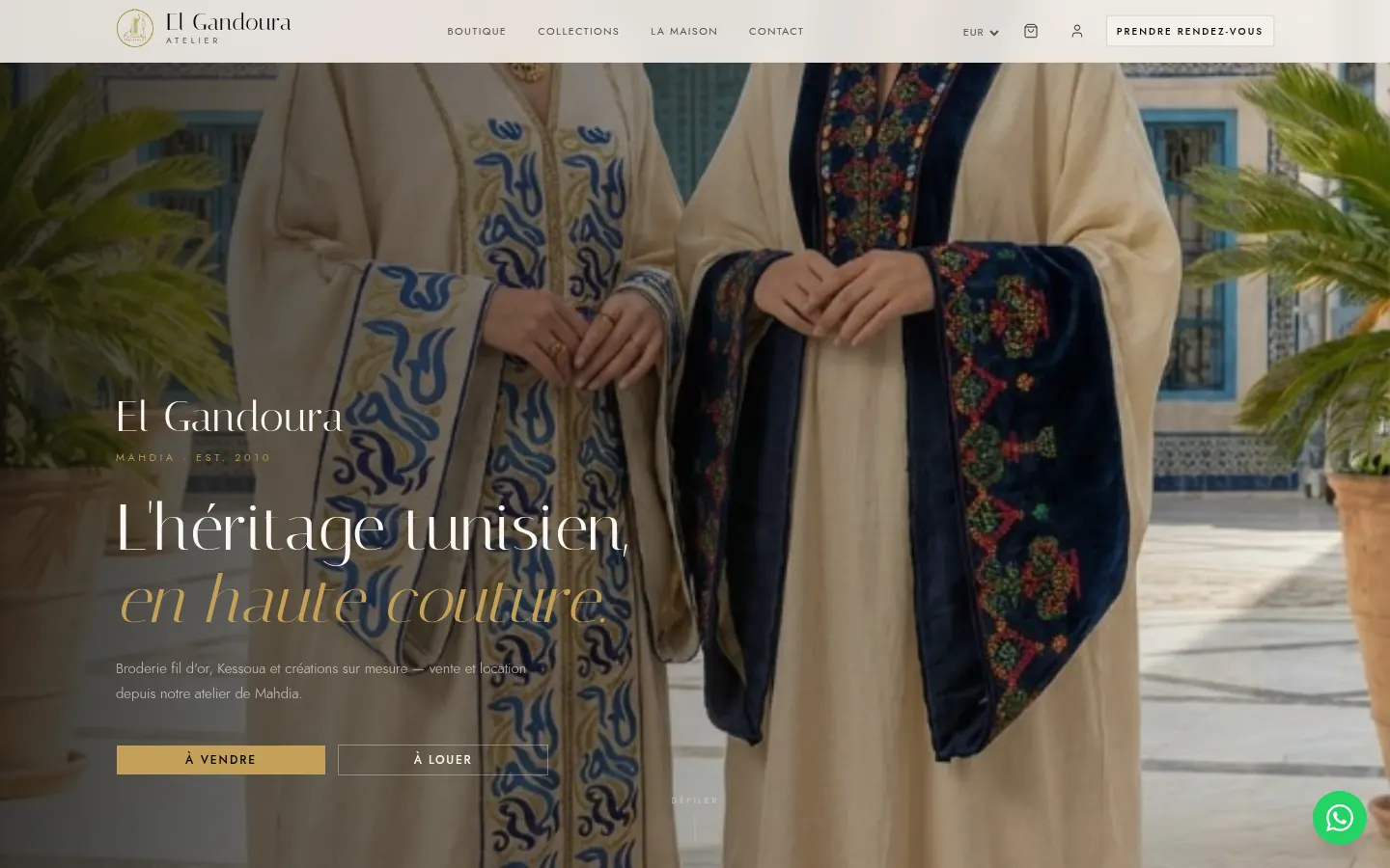 Page d'accueil d'El Gandoura sur ordinateur : deux modèles en tenues tunisiennes brodées, titre « L'héritage tunisien en haute couture ».
