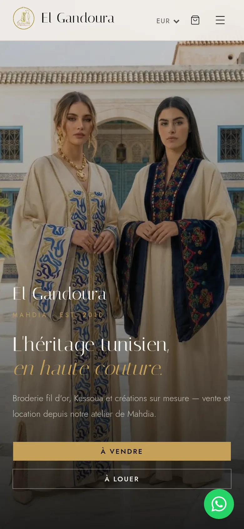 Page d'accueil d'El Gandoura sur mobile : même visuel, avec les boutons « À vendre » et « À louer ».