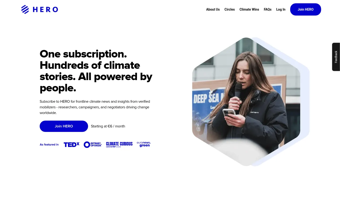 Page d'accueil de Hero Circle sur ordinateur : « One subscription. Hundreds of climate stories. » à côté d'une photo d'intervenante.