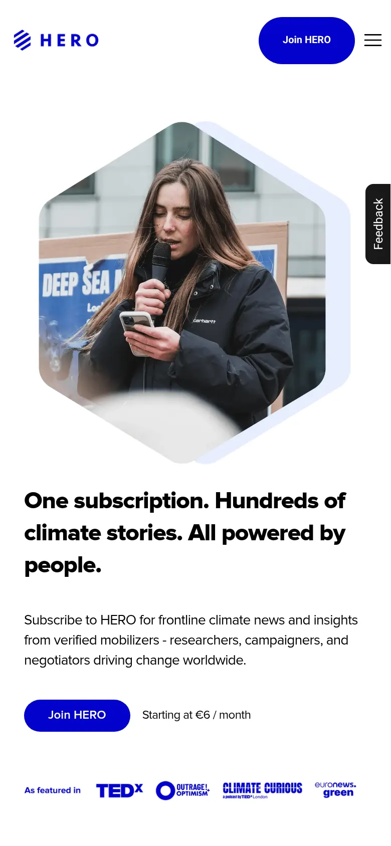Page d'accueil de Hero Circle sur mobile : message d'abonnement climat et bouton « Join HERO ».
