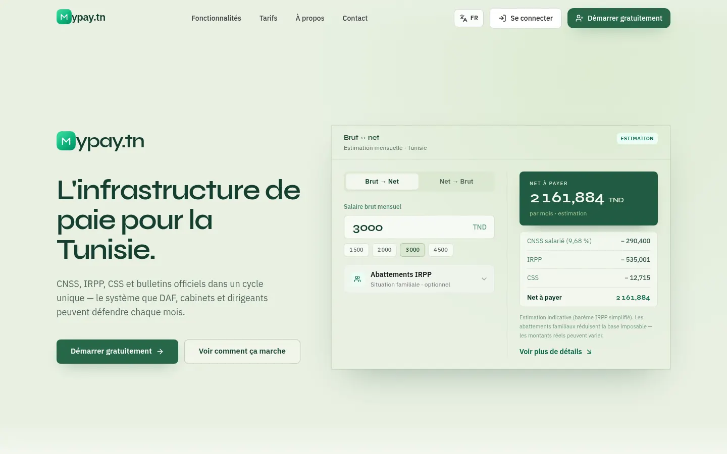 Page d'accueil de myPay.tn sur ordinateur : titre « L'infrastructure de paie pour la Tunisie » et aperçu d'un bulletin de paie.
