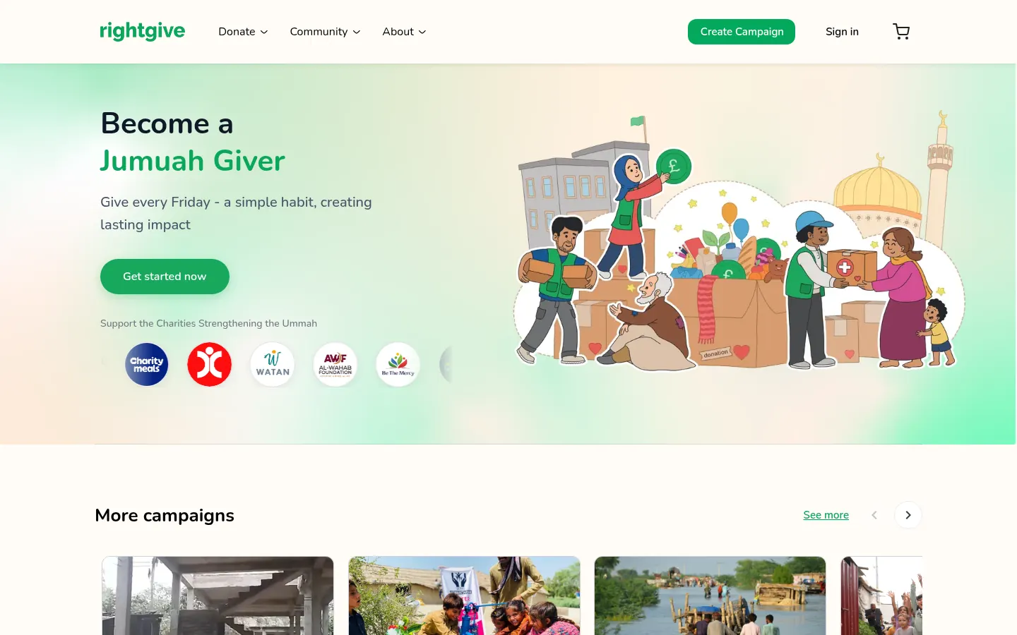 Page d'accueil de Right Give sur ordinateur : appel « Become a Jumuah Giver » illustré, suivi des campagnes de dons.