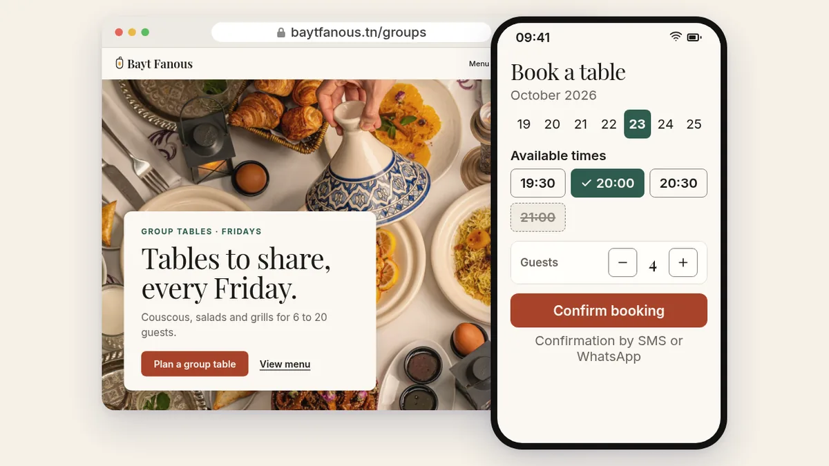 Restaurant website template: group-tables page on desktop and table booking on mobile