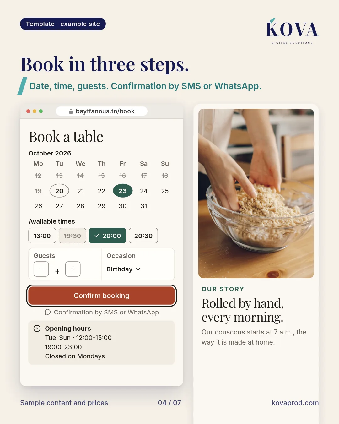 Booking in three steps: date, time, guests, with SMS or WhatsApp confirmation