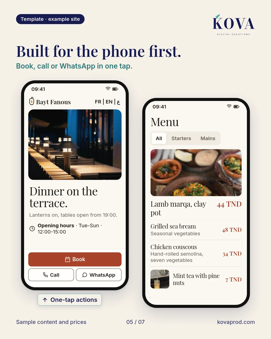 Mobile version: home, menu and Book, Call, WhatsApp buttons