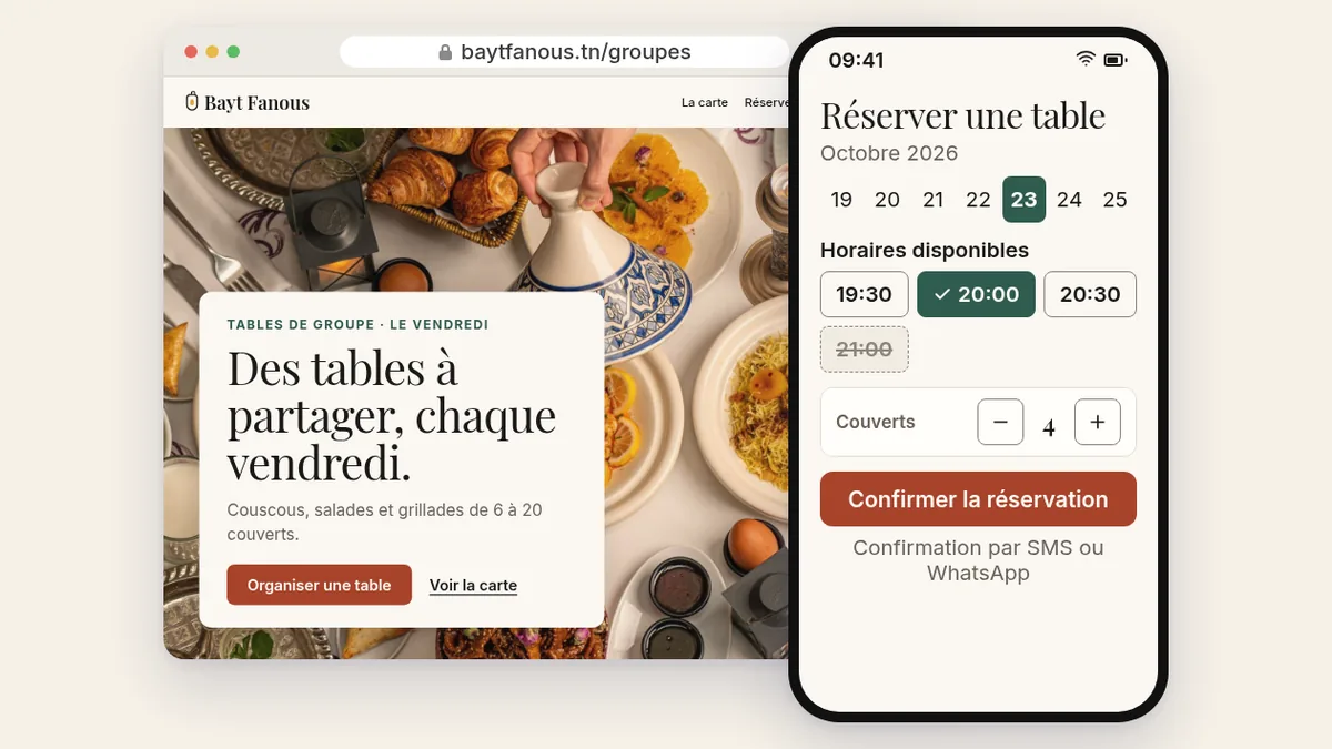 Modèle de site pour restaurant : page tables de groupe sur ordinateur et réservation d'une table sur mobile