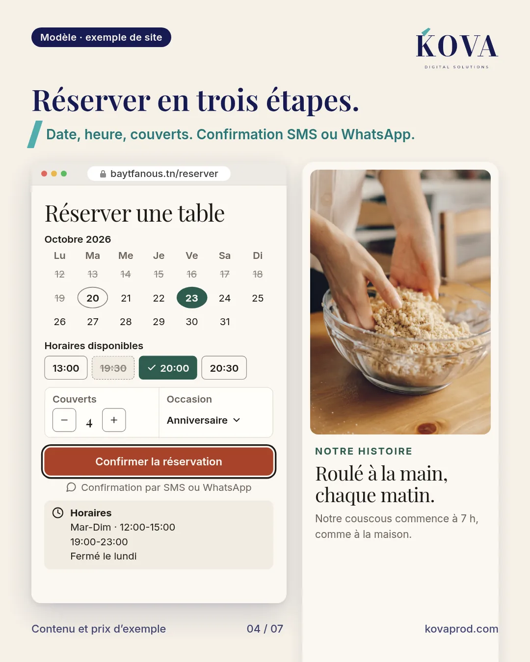 Réservation en trois étapes : date, heure, couverts, avec confirmation par SMS ou WhatsApp