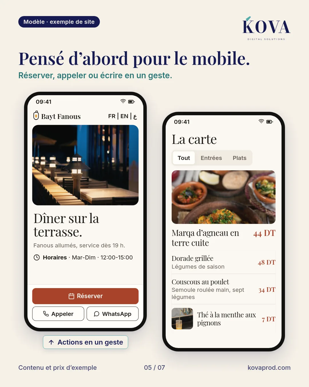 Version mobile : accueil, carte et boutons Réserver, Appeler, WhatsApp